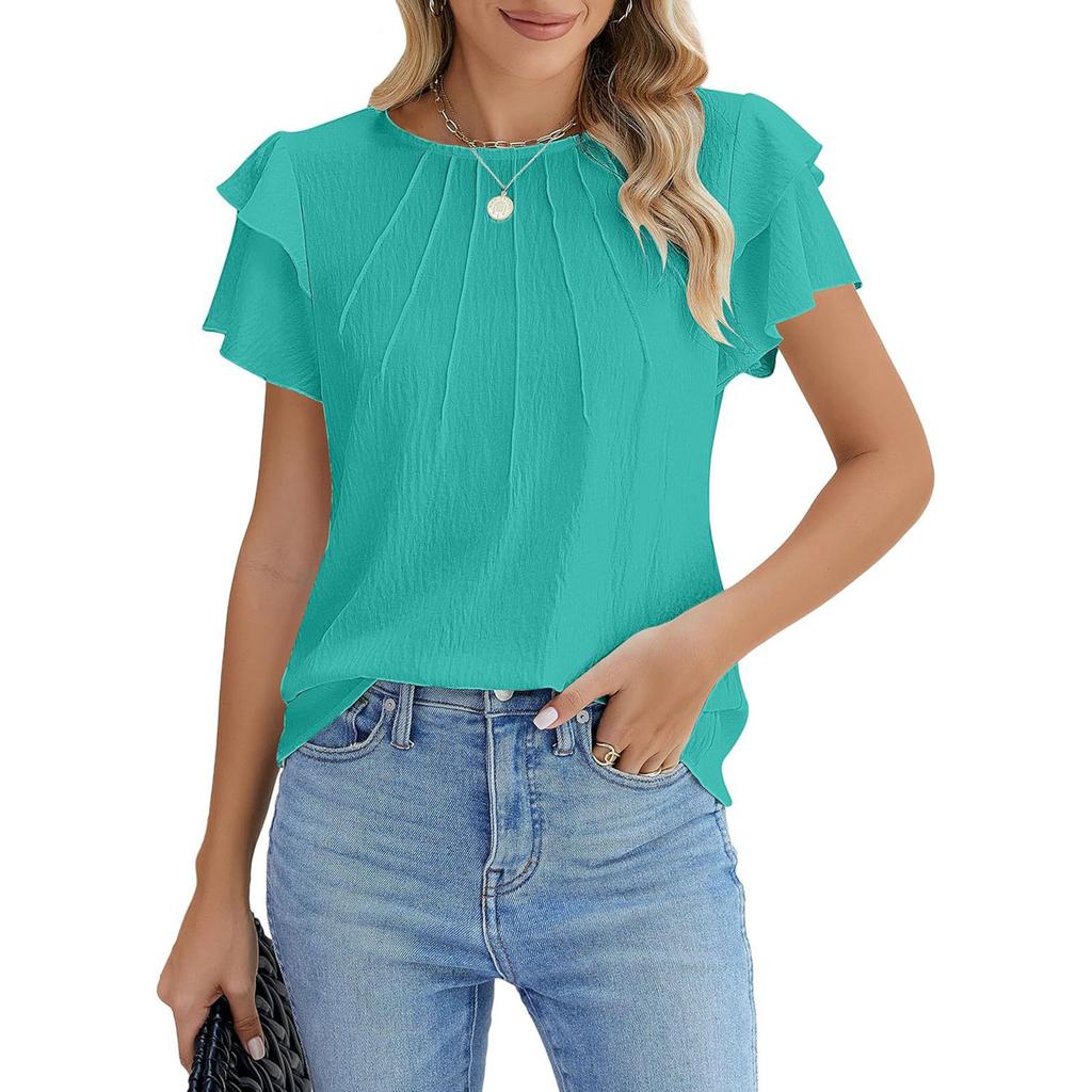 Damenmode Locker geschnitten Rundhals Falten Pullover T-Shirt Kurzarm Top