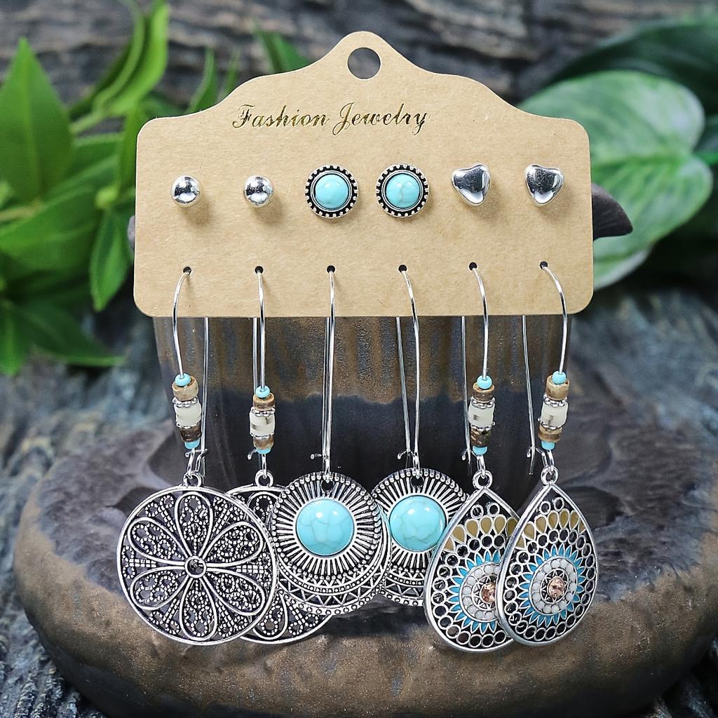 54 Pairs Of Boho Ethnic Style Earrings Ear Stud Combination Set Silver Color Geometric Turquoise Inlaid Party Decor Gifts
