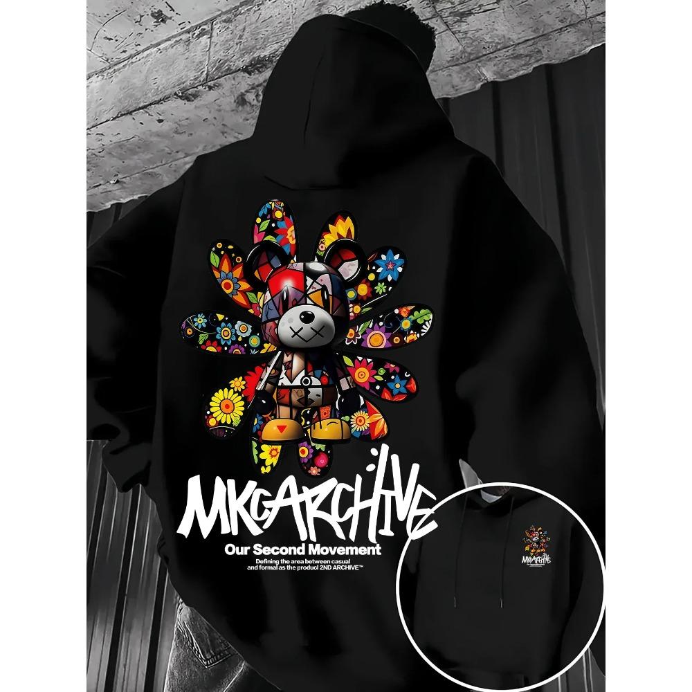 Men's Casual Hooded Sweatshirt – Colorful Floral Bear Graffiti Print Pullover Warm Street-Style Top for Spring Autumn