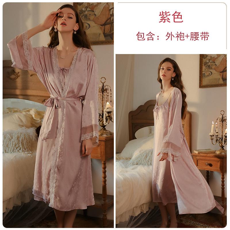 Women's Silky Jacquard Deep V Padded Cami Sleep Dress with Robe Lounge Set