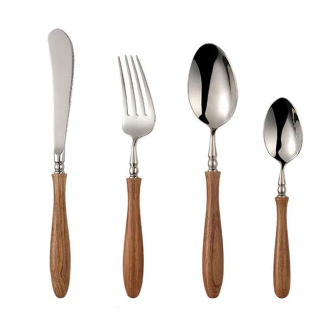 

4/6-Piece 18/8 Stainless Steel Flatware/Cutlery Set, Fork Knife Spoon Set with Wood Handle, Serving Utensil Set
