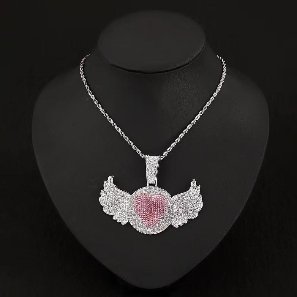 Hip Hop Rap Trendy Creative Pink Diamond Love Angel Wing Pendant Necklace Pink Diamond Love Men's Necklace