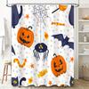 Halloween-Themed Shower Curtain Featuring Pumpkins, Candy Corn, Bats, Spiders, And More! Perfect For Adding Spooky Charm To Your