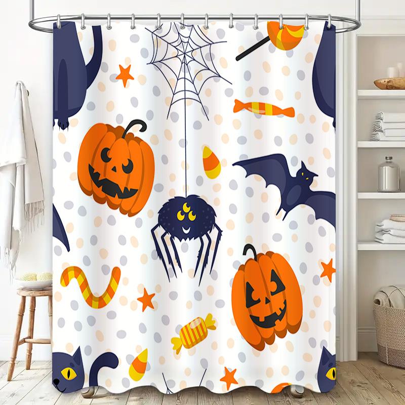 Halloween-Themed Shower Curtain Featuring Pumpkins, Candy Corn, Bats, Spiders, And More! Perfect For Adding Spooky Charm To Your