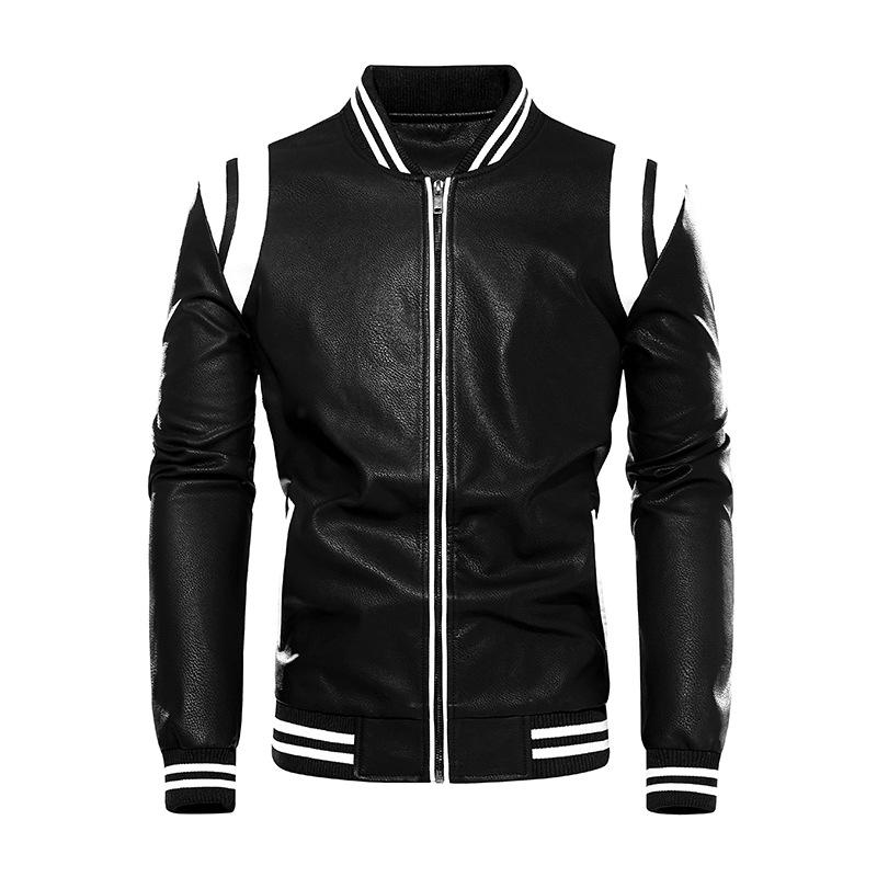 

Motorcycle Men s Leather Jacket Patchwork Jacket Men s Autumn and Winter Casual Plus Velvet Warm Jacket Striped Loose Jacket XXXL чорний