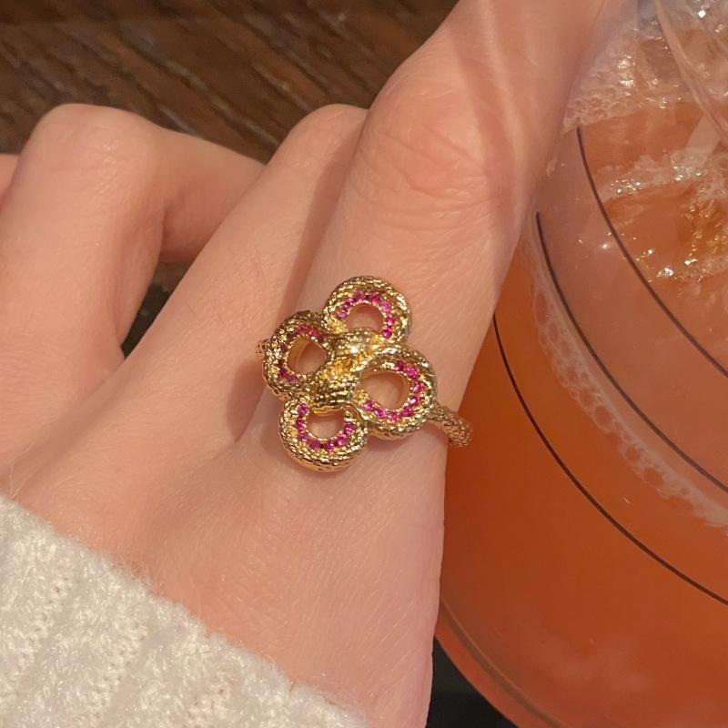 Medieval Serpentine Four-Leaf Clover Oil Drop Open Ring Niche Design Personalized Exquisite Zircon Light Luxury Accessories