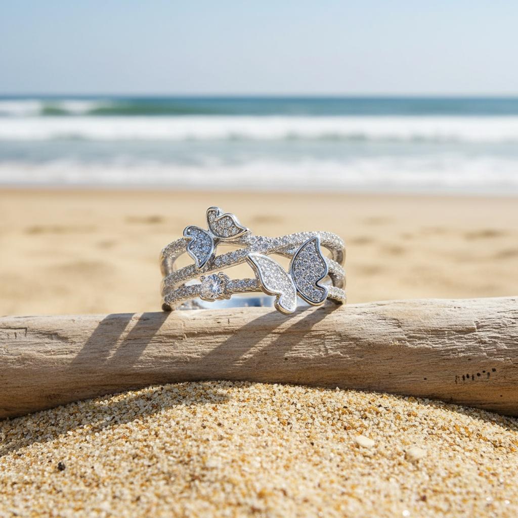 Sterling Silver Ring Features a Multi-layered Design, with a Cute Butterfly Embedded On the Band, Adorned with Sparkling Artificial Zirconia