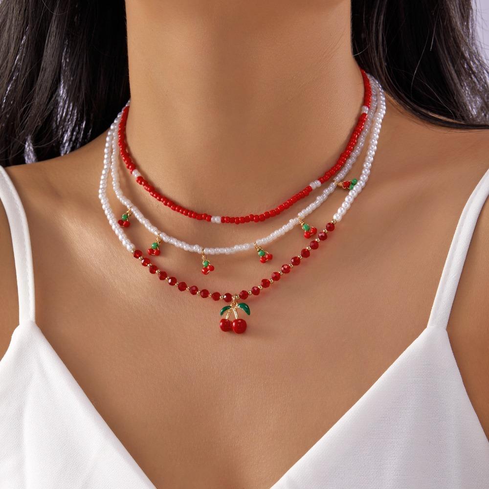 Multi-layer Pearl Beaded Necklace Bow Stacked Clavicle Choker Trendy Strawberry Necklace Women