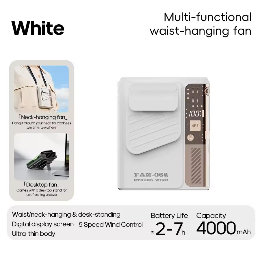 New Clip Waist Hanging Portable Fan 4000mAh High-Speed Waist Fan Small Outdoor Construction Site Cooling Fan with 5 Wind Speeds USB белый