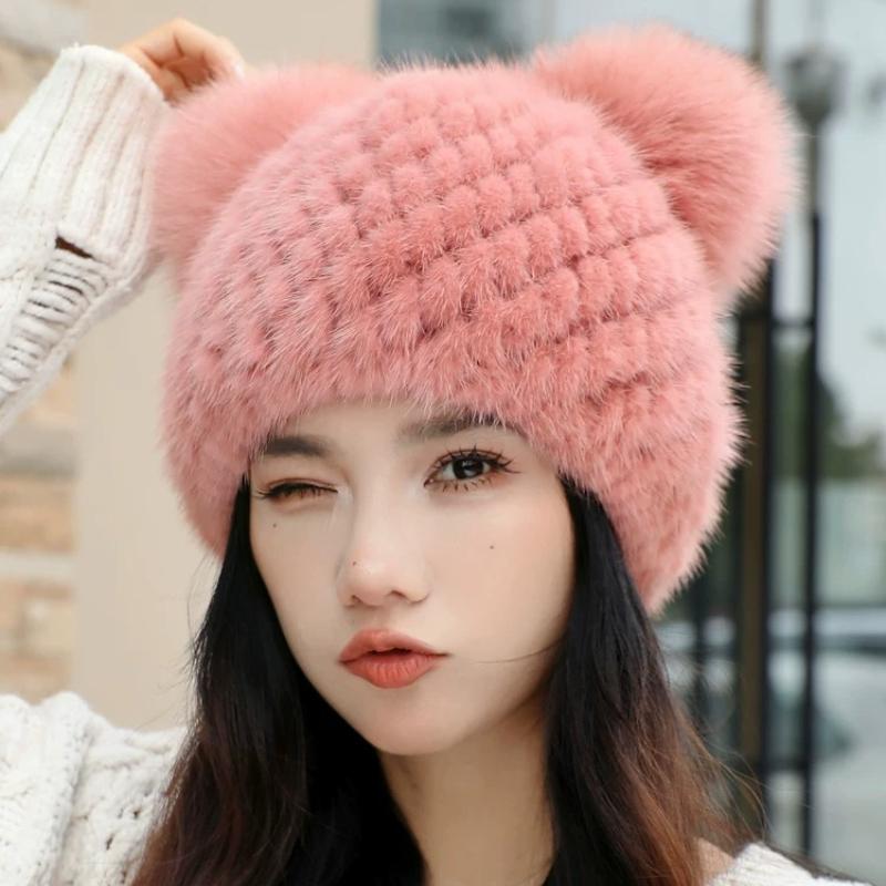 New Mink Hair Hat Warm Woven Wool Fox Hair Ball Cute Mickey Hat Fur Milliner Autumn and Winter
