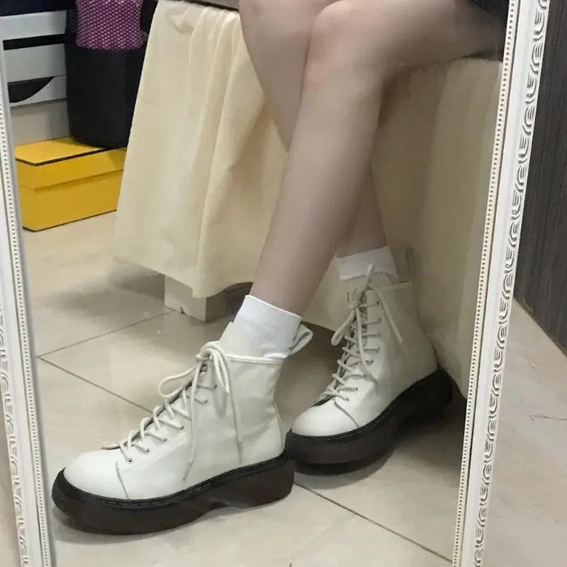 Booties with Laces Short Shoes for Women White Lace-up Footwear Biker Female Ankle Boots Round Toe Spring 2025 On Promotion Goth
