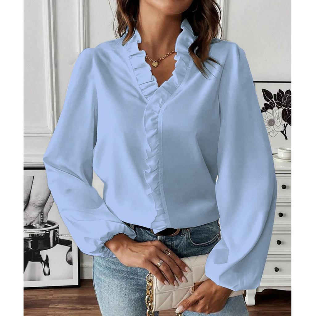Women's Ruffle Edge Solid Color V-Neck Fashionable Casual Long Sleeved T-Shirt Shirt Top