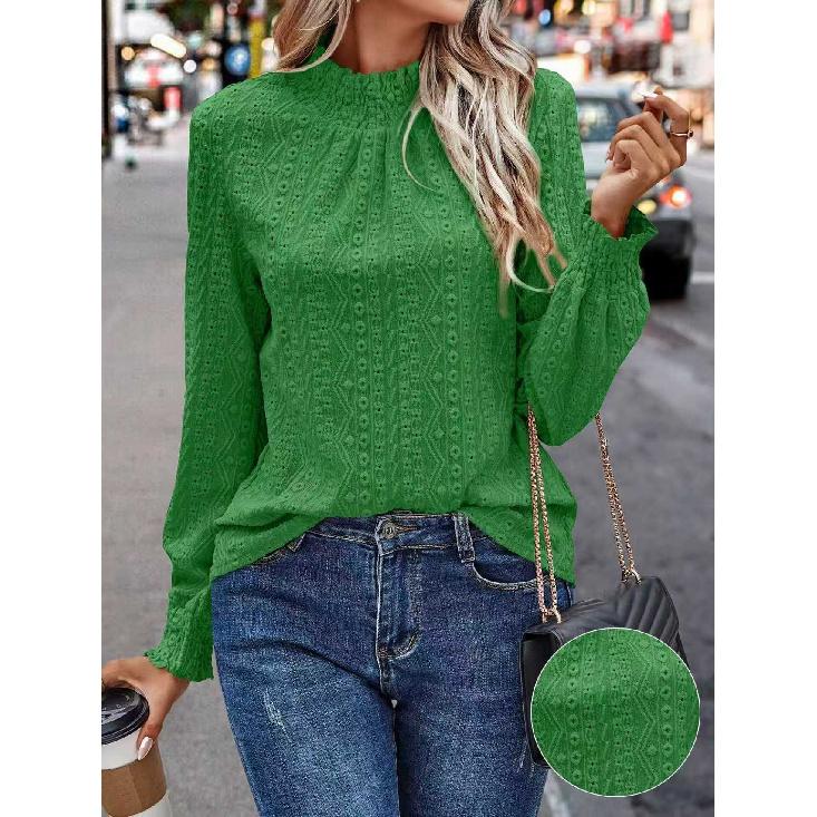 2026 New Women's Solid Color Fashion Versatile Hollow Out Stand Collar Puff Sleeve T-Shirt Casual Top