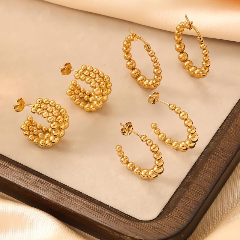 Stainless Steel Gold Color Hoop Earrings Retro Geometric Twisted Beaded C Shape Earring Jewelry For Women Daily Party Decor