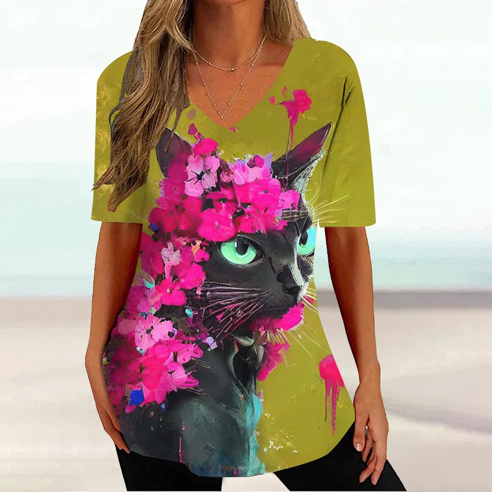 

Футболка женская с принтом «Кошка» с принтом тай-дай, модная, с коротким рукавом, женская одежда, летние свободные топы с V-образным вырезом, женские повседневные футболки 8XL