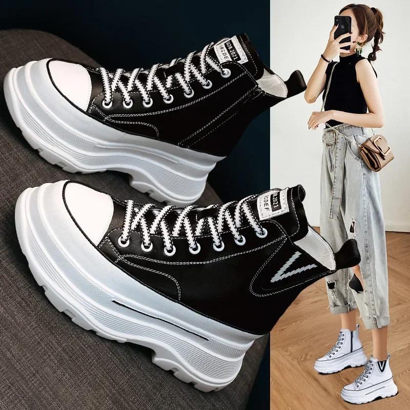 Fashion High Quality 7CM White Platform Wedge Sneakers Chunky Shoes Genuine Leather Combat Boots Women Ankle Boots Spring Autumn Booties
