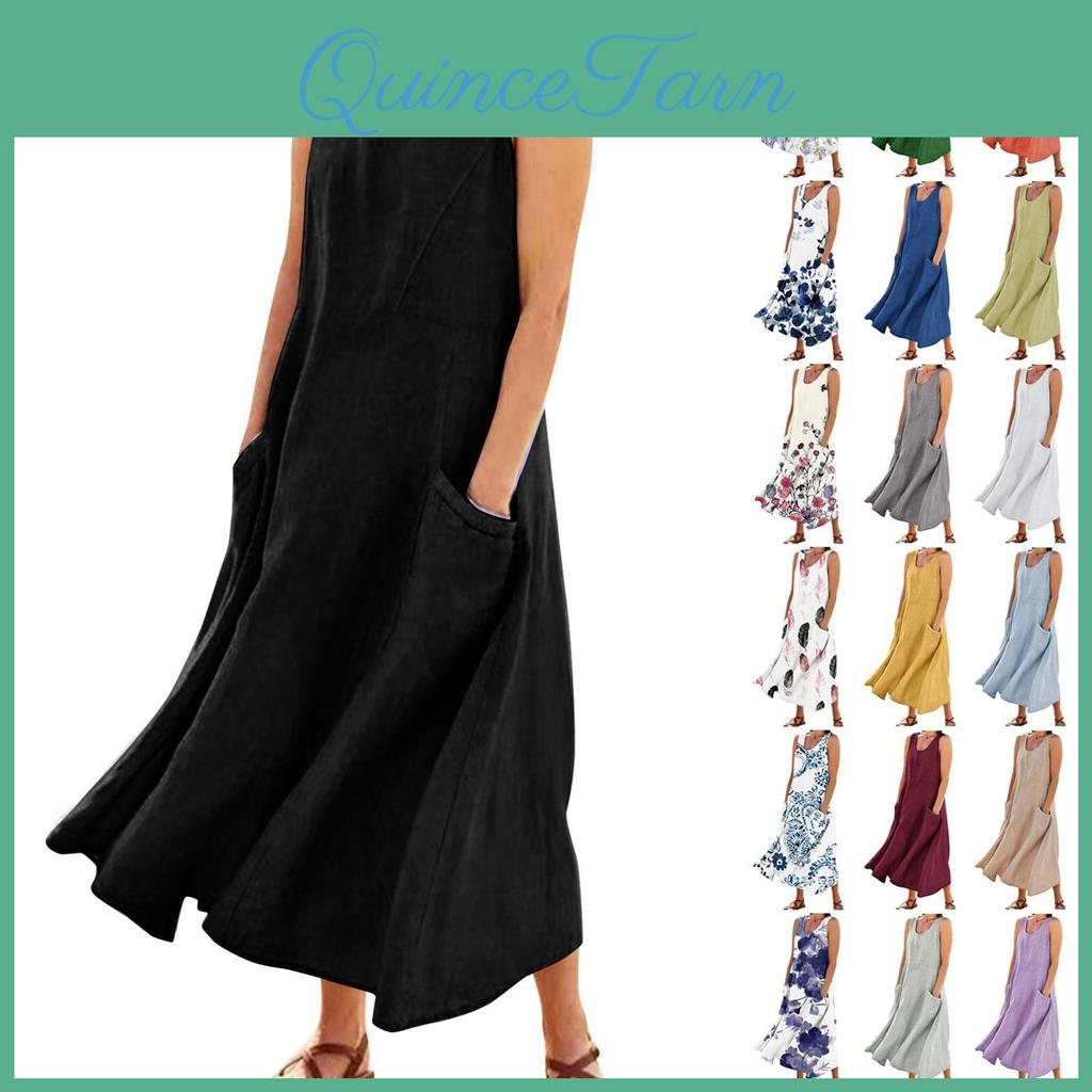 Fashion Colour Womens Casual Solid Sleeveless Cotton Linen Pocket Dress