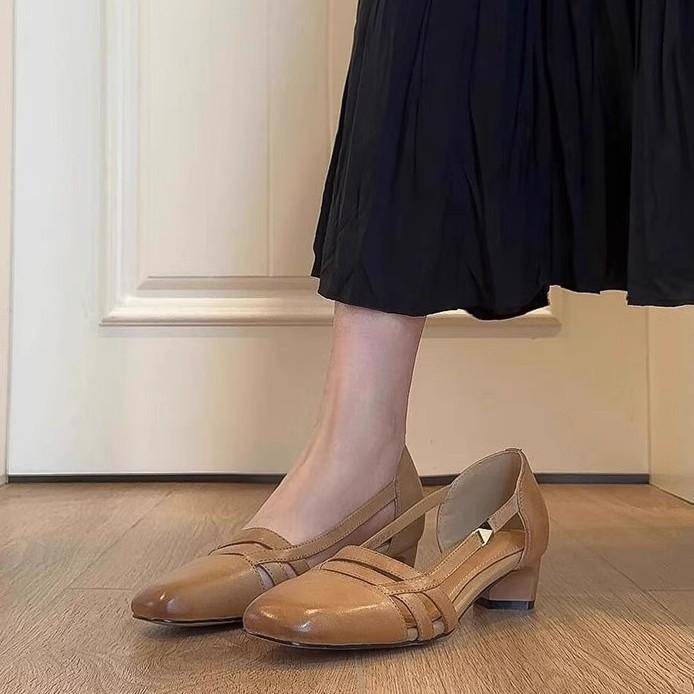 Sheepskin version~ retro hollow shallow mouth breathable sandals women's one foot literary style low heel commuting sheepskin, single shoes