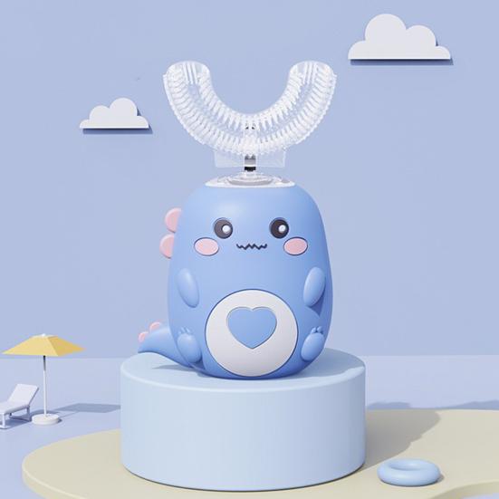 Kids U-Shaped Ultrasonic Electric Toothbrush with 2 Silicone Brush Heads IPX7 Waterproof Automatic Cartoon Dinosaur Toddlers Boys Girls Rechargeable