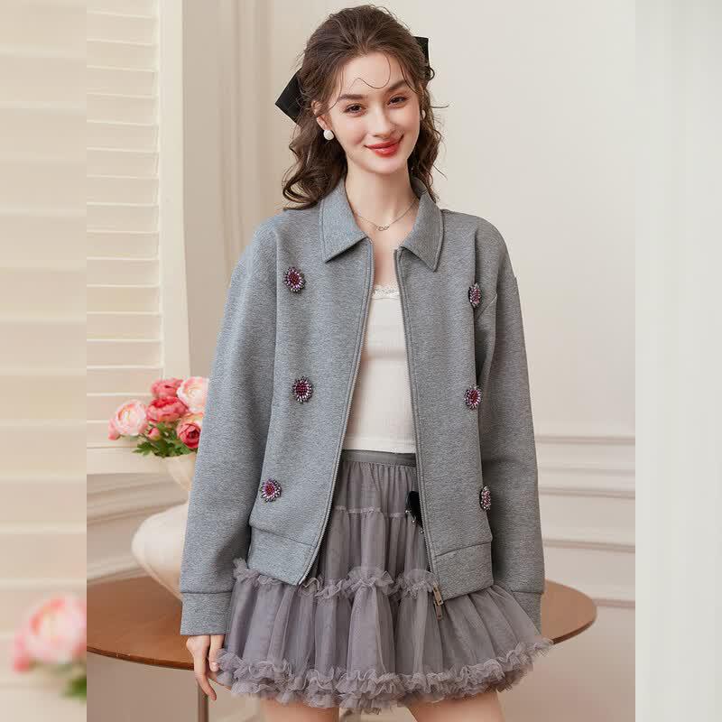 Bailuyu Elegant Lapel Cardigan with 3D Floral Embellishment L