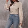 Ladies Autumn Winter Bandage Stand Collar Long Sleeve Striped Shirt Top