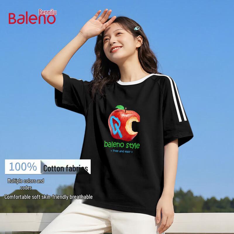 Baleno Women s Pure Cotton Stripe & Apple Graffiti Loose T-Shirt L
