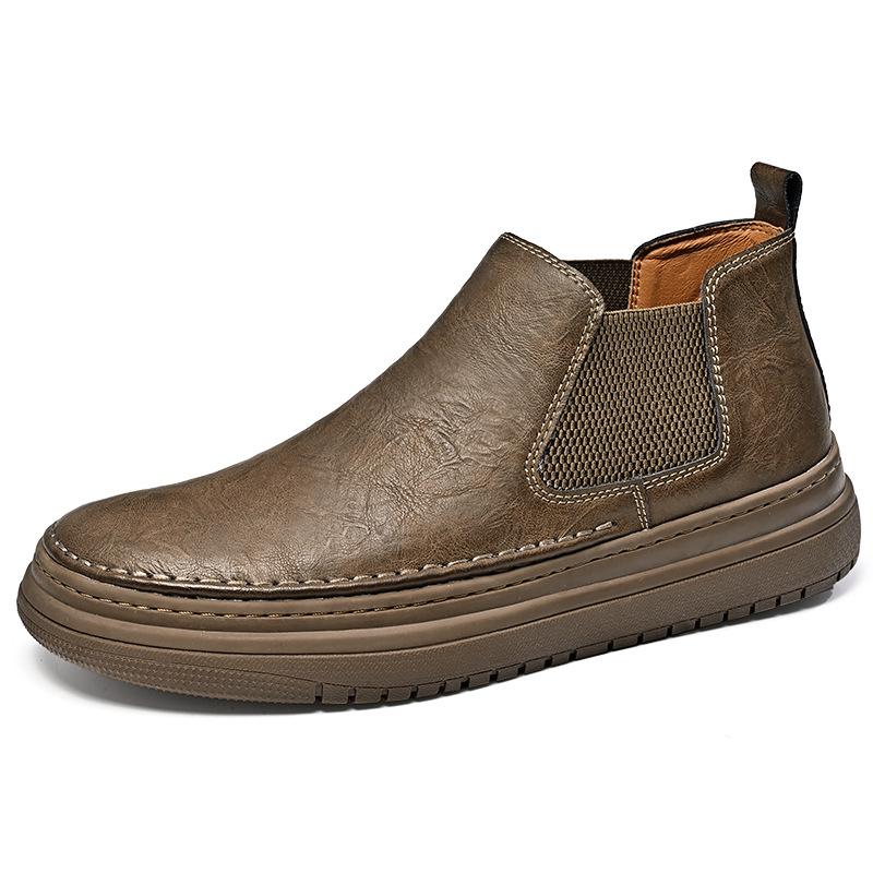 Tooling Shoes Men's 2025 Autumn New Leather Mid-top Chelsea Short Boots Flat-bottomed Non-slip One-pedal Casual Men's Shoes