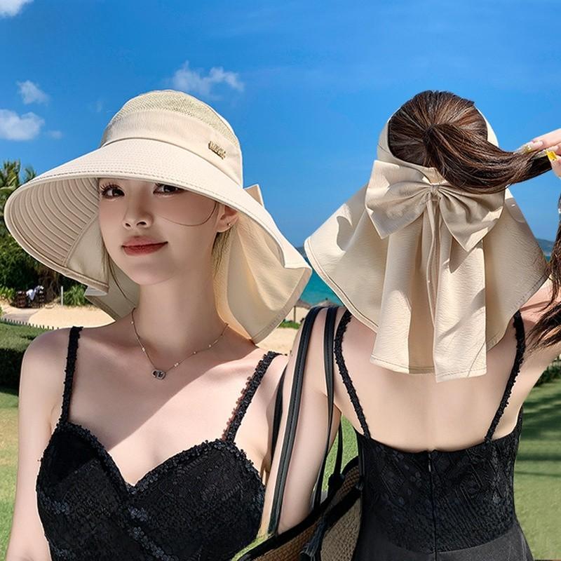 Polyester Wide Brim Sun Hat For Women With Neck Shield Summer Outdoor Sun Protection
