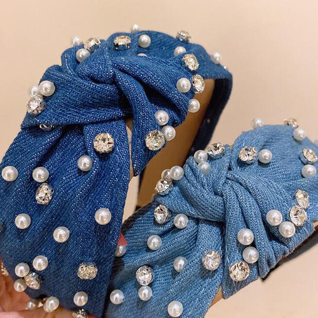 Fashion Wide Blue Denim Cross Knotted Headband Women Personal Pearl Rhinestone Hairband Vintage Hair Hoop Bezel Hair Accessories