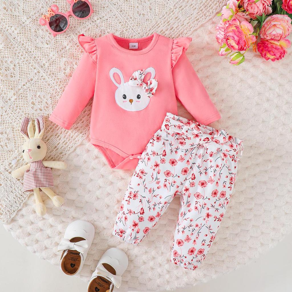 3PCS Baby Girl Clothes Outfits Long Sleeve Lovely Rabbit Bodysuit+Flower Pants+Headband Autumn Casual Wear for Infant 0-18 Months