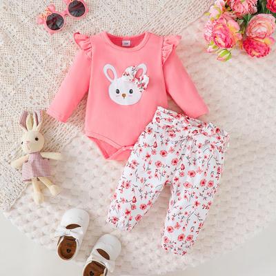 3PCS Baby Girl Clothes Outfits Long Sleeve Lovely Rabbit Bodysuit+Flower Pants+Headband Autumn Casual Wear for Infant 0-18 Months