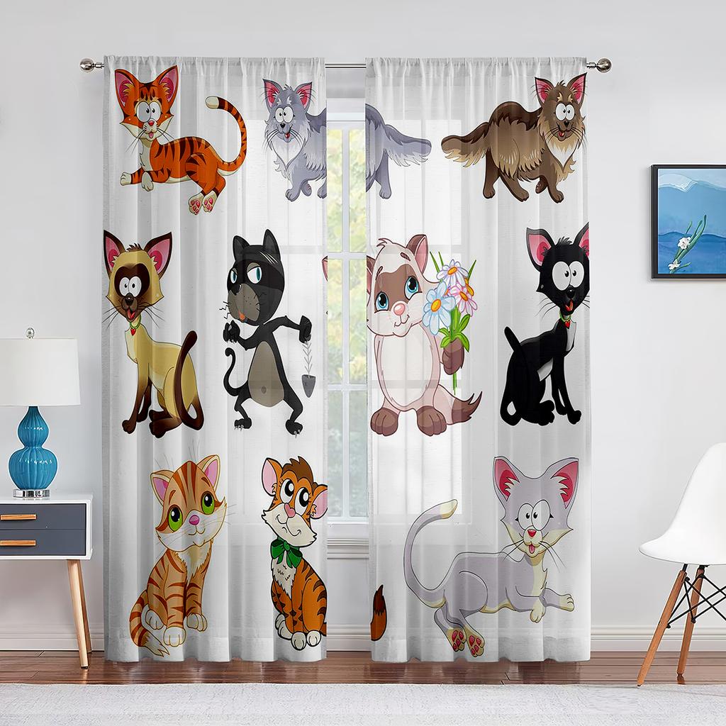 Cartoon Cat Reading Book Pink Sheer Voile Curtain Kawai Animal Window Tulle Curtains for Living Room Kids Bedroom Kitchen Decor