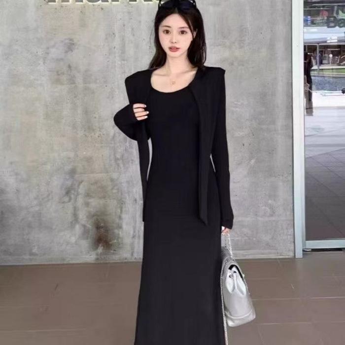 

Early autumn high-end wear, gentle pure desire lace-up fake two-piece shawl dress, waist and thin temperament long skirt XL чорний