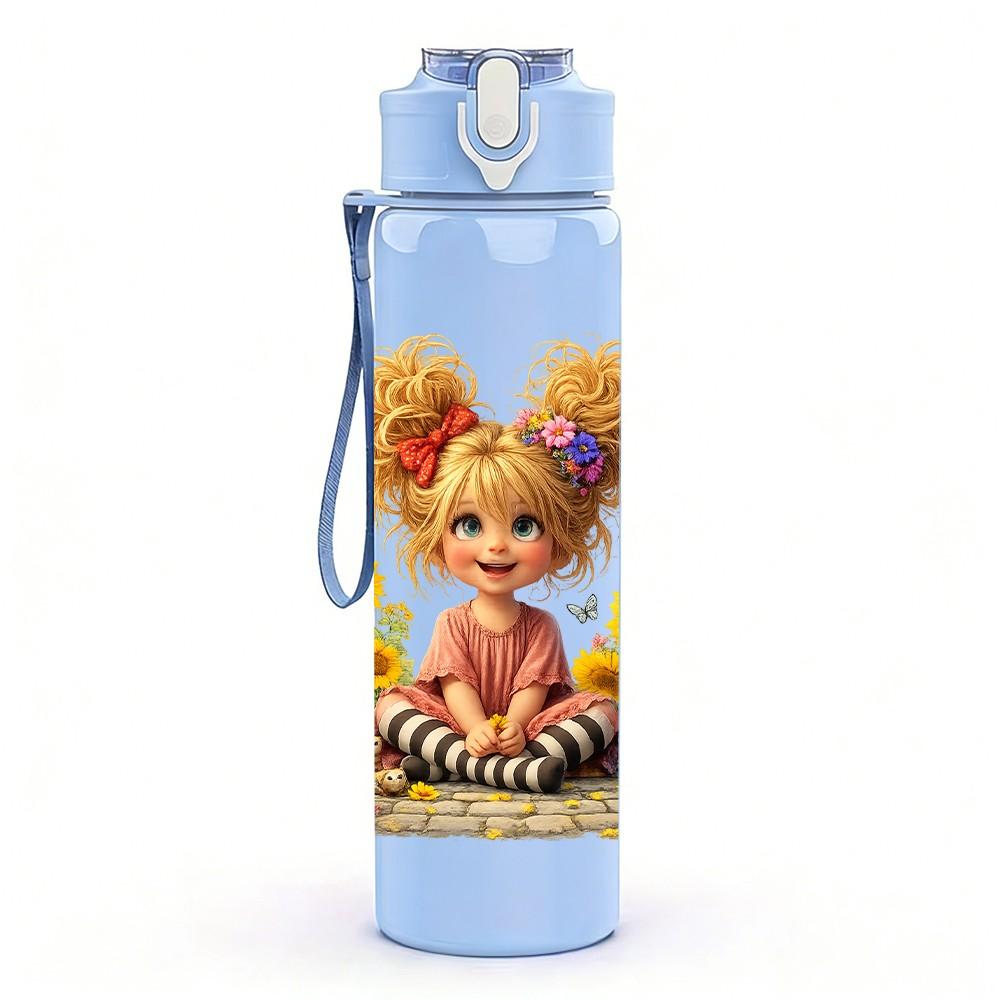 1PC Curly Hair Girl Sunflower Field Print 750ml Color Plastic Sports Water Bottle Leakproof Flip Straw Lid Suitable for Sports Office Home Use
