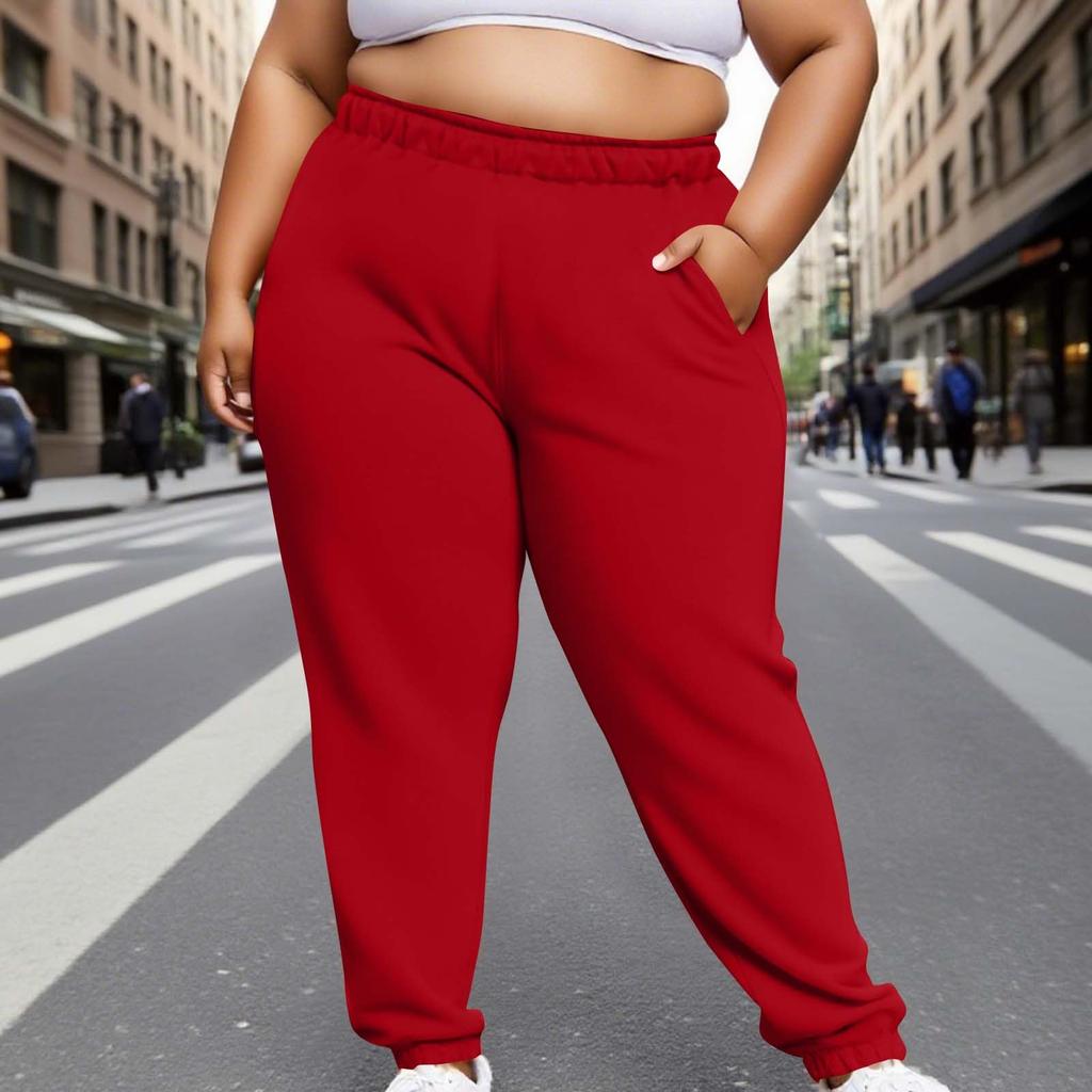 Damenmode Übergröße Einfarbige Hose mit elastischem Bund, Umschlagbeinen und Seitentaschen