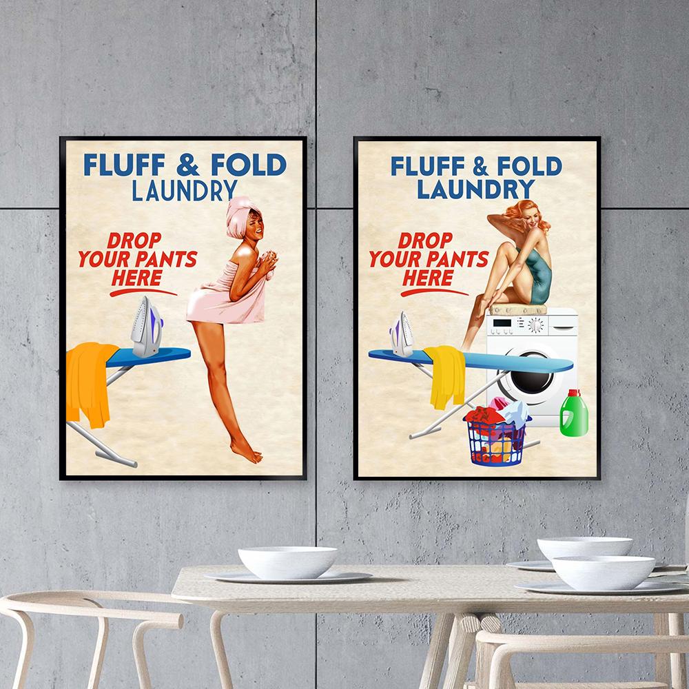 Naughty Laundry Fluff Fold Canvas Prints Vintage Pinup Sexy Woman Poster Painting Bath Room Toilet Wall Art Pictures Decor