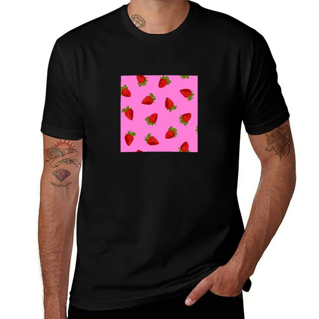 Strawberries on a pink background TShirt Work Wear Short Sleeve TShirt