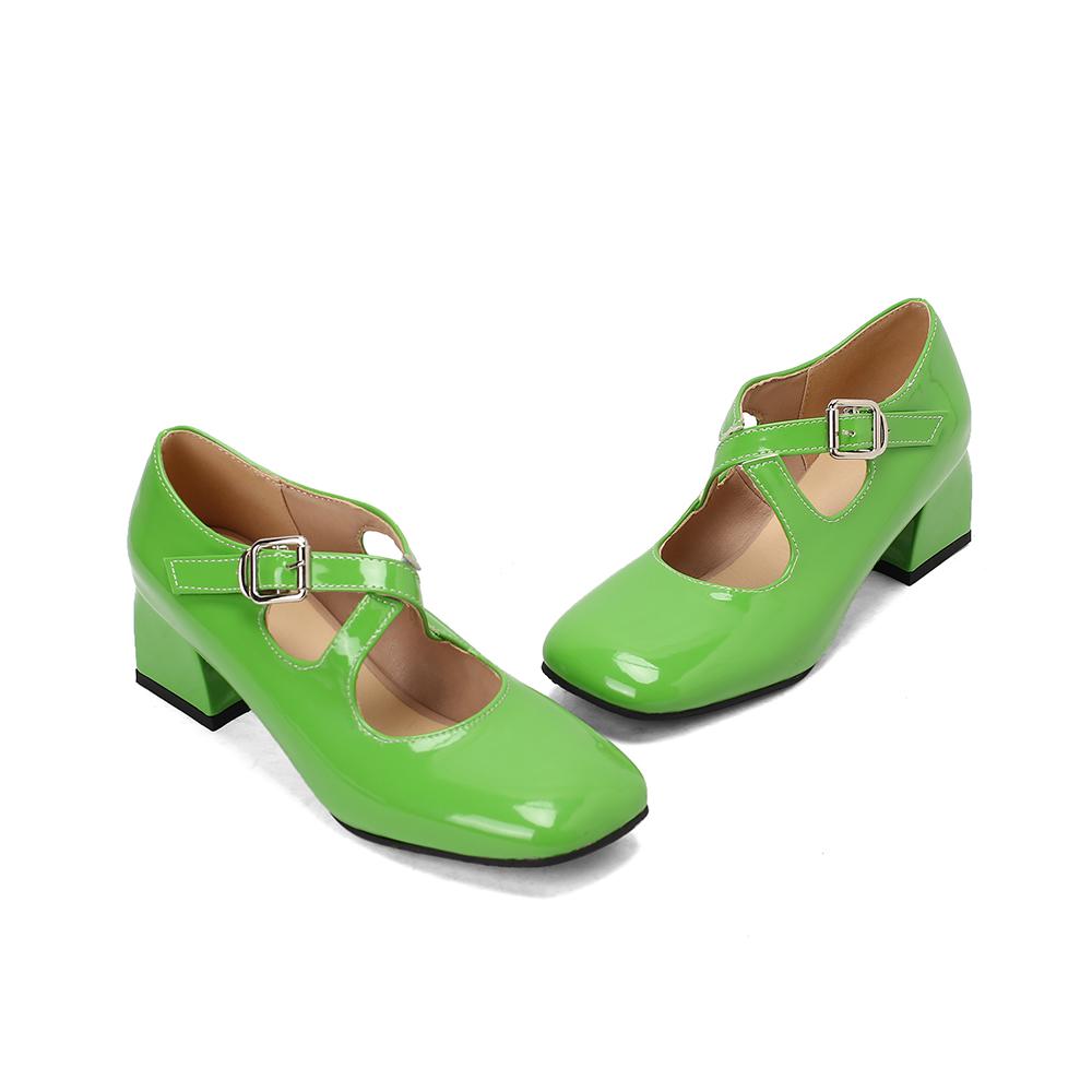 White Women Pumps Square Toe Non-slip Buckle Strap High Block Heel Plus size 45 48