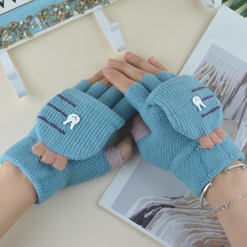 Autumn and Winter New Thermal Flip Knitted Half-finger Children's Gloves Writing Middle and Old Children's Cute Rabbit Student Gloves