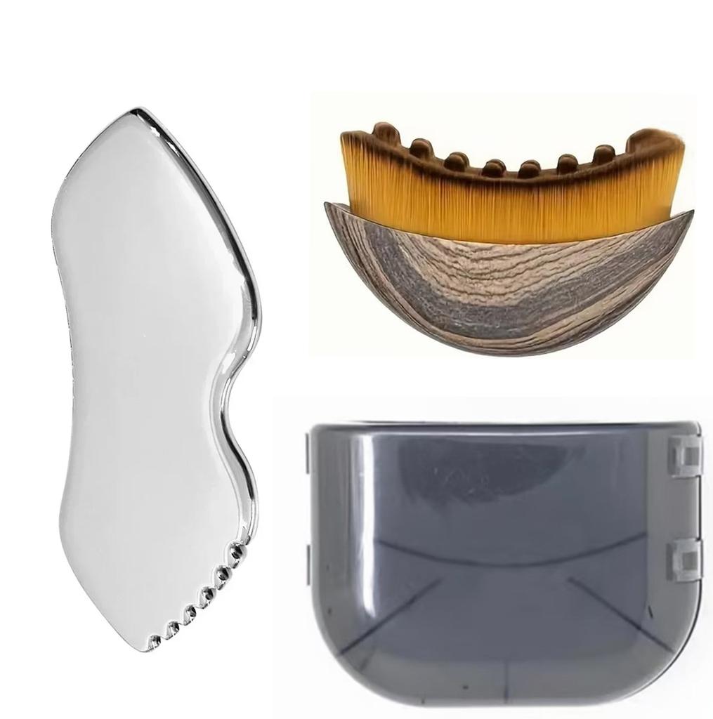 2Pcs Stainless Steel Gua Sha Tool & Lymphatic Drainage Face Brush Set Guasha Scraping Chin Sculpting Tool Face Skin Care Tools
