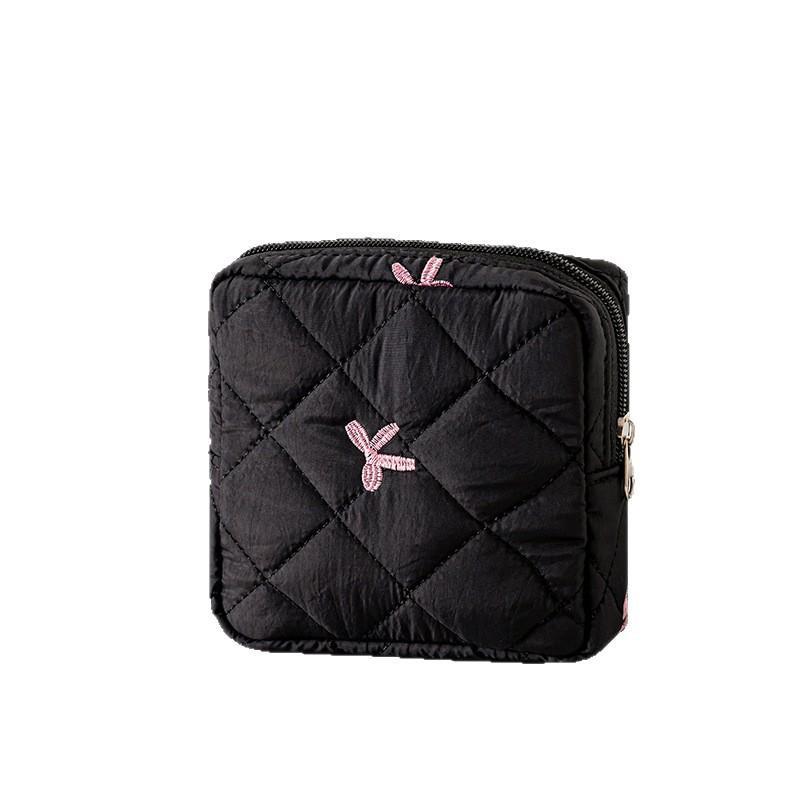 Mini Cosmetic Bag Lightweight Quilted Bow Embroidery Zipper Closure Portable Makeup Organizer for Vacation Travel Daily Use