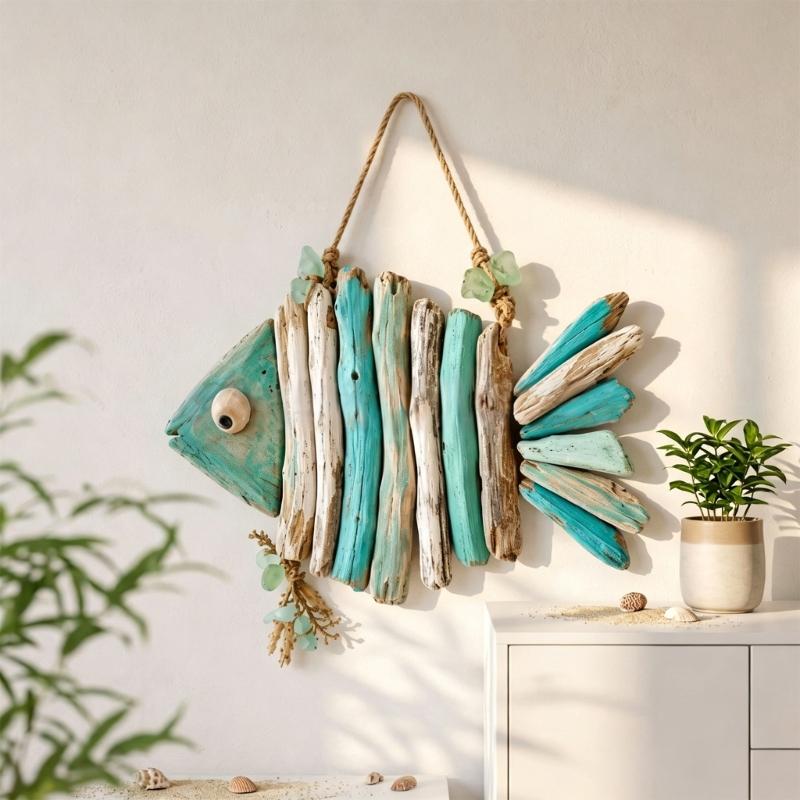 Ocean Wall Hanging Fish Accent, Top Rope Wall Piece for Bathroom Entryway Living Area and Covered Porch Display