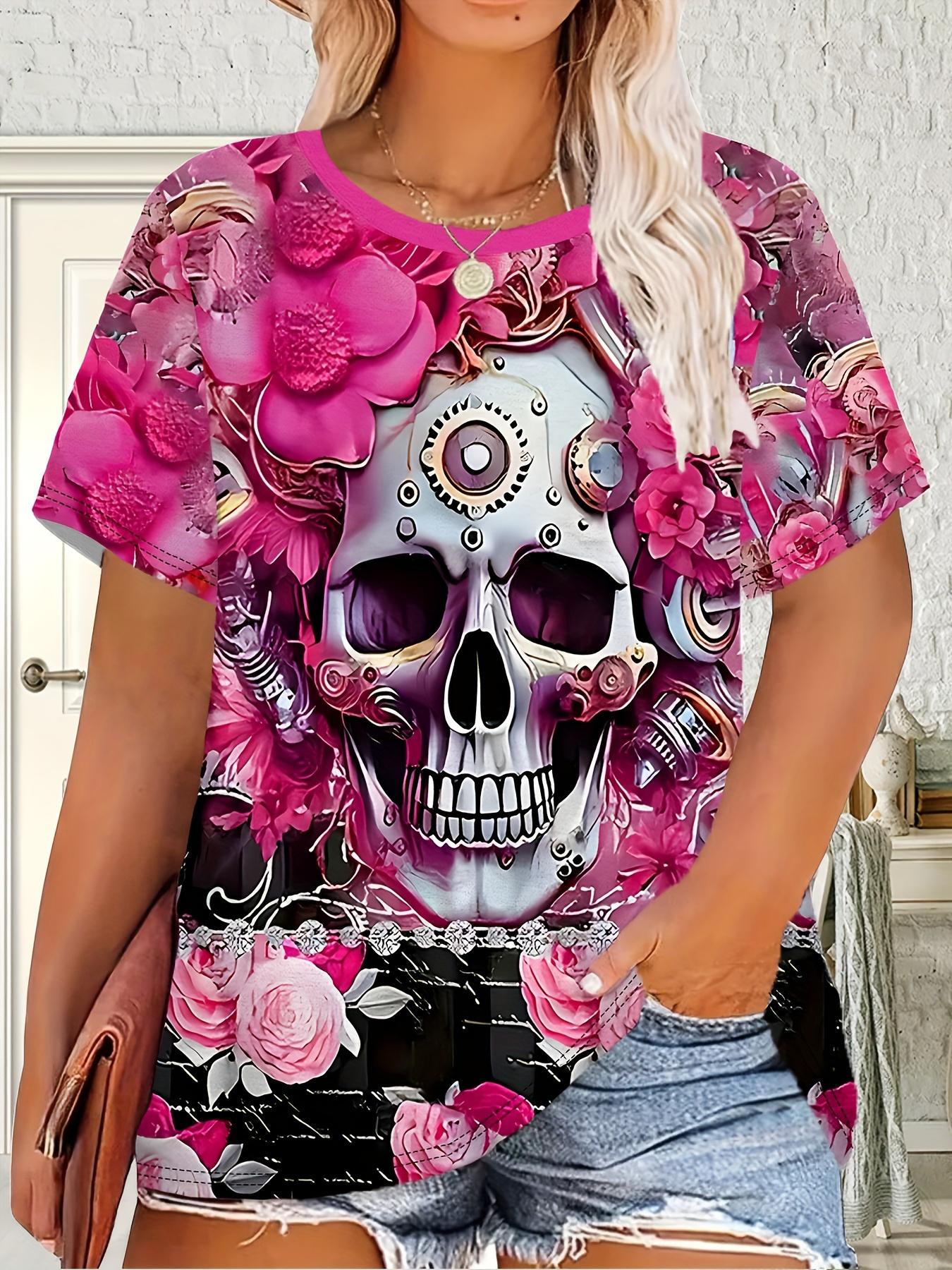 

Women S Steampunk Gothic Top. Suitable for Daily Wear And Vacation Outfits - Short Sleeve Round Neck Design. Skull And Pink Floral Print. Loose Fit Ca S дубильная кора