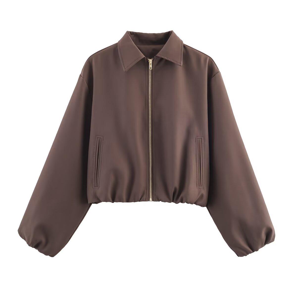 Aufgeplusterte Reißverschlussjacke Mantel: Europäische & Amerikanische Damenbekleidung in Schwarz, Weiß, Khaki Medium kaffeebraun