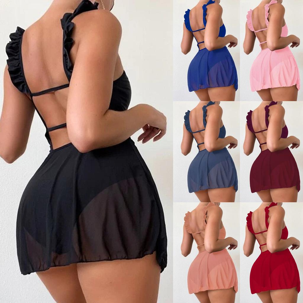 Women's Summer Solid Color Backless Tie Waist One-Piece Swimsuit with Skirt Two-Piece Set Swimwear Beachwear