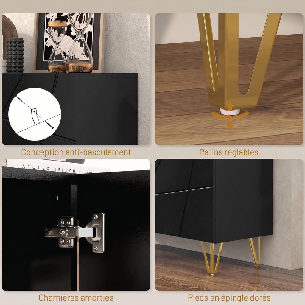 Living Room Sideboard, High-Gloss, 3 Soft-Close Doors, Adjustable Shelves, 120 x 40 x 75 cm, Black