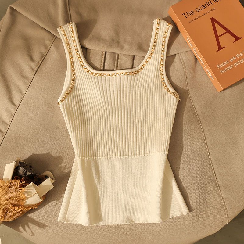 Women's Ice Silk Knit Camisole Summer Slim Fit Stylish Unique Chain Lining Top