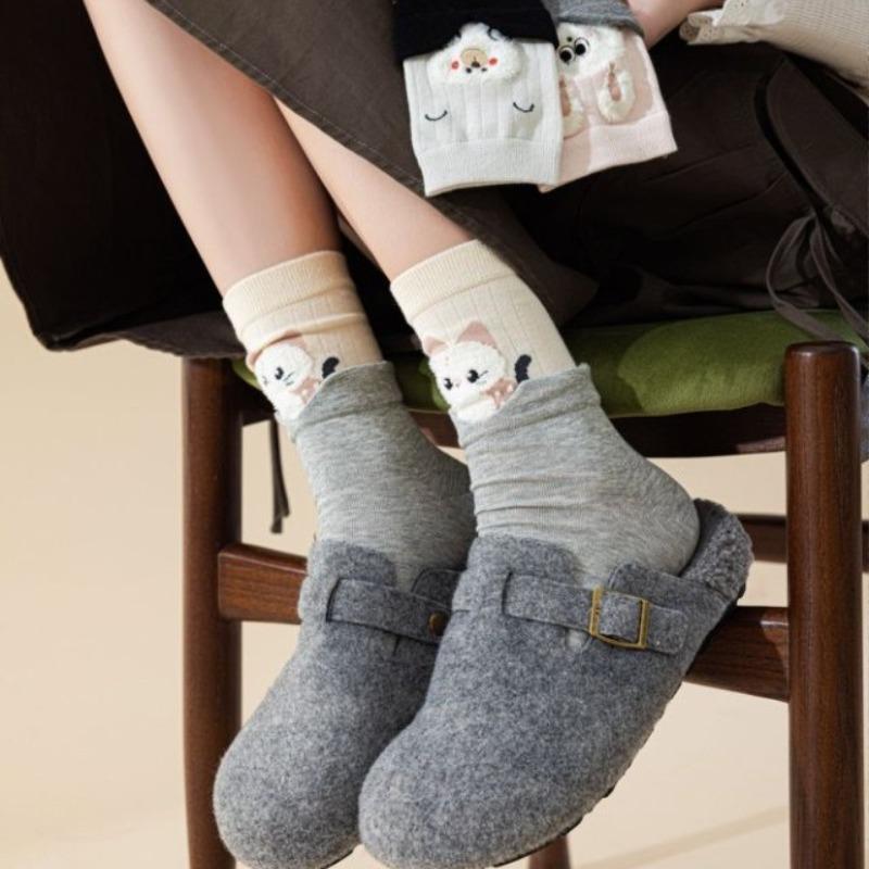 Autumn Three-dimensional Cute Cartoon Animal Plush Embroidery Double-seam Double-layer Mid-calf Socks, Personalized Pile Socks