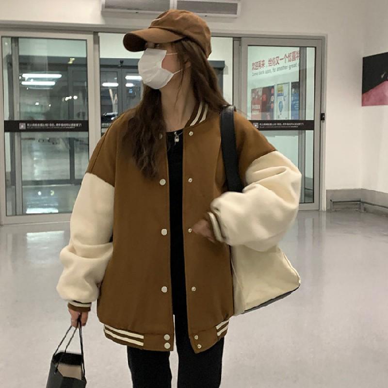 Oversized Fleece-Lined Baseball Jacket Men Women Streetwear Loose Fit Hoodless Coat In Black Khaki