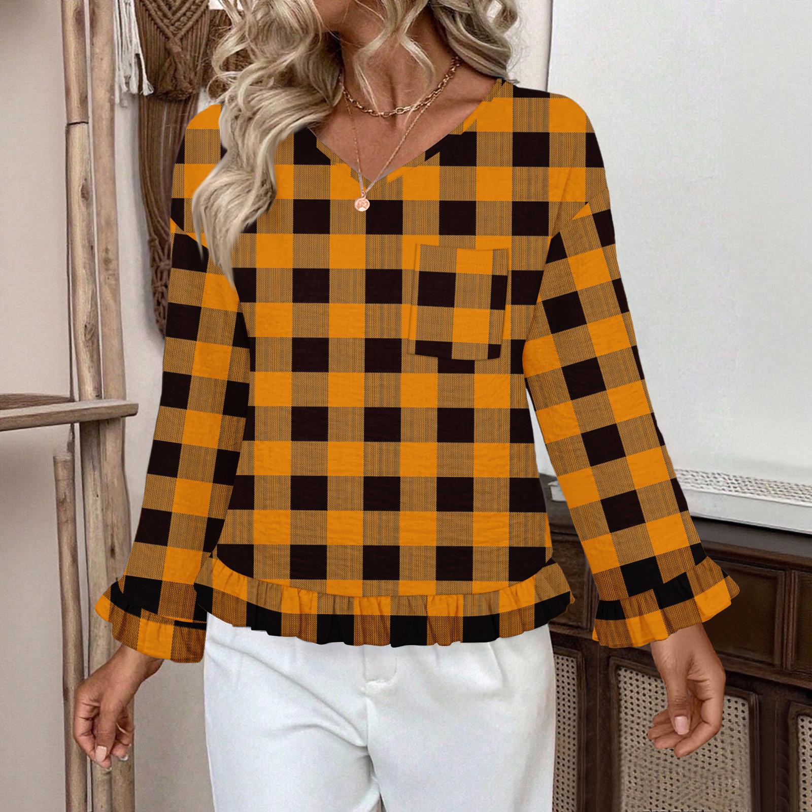 

Женский повседневный модный топ с оборками, V-образным вырезом, карманом и клетчатым принтом, с длинным рукавом L шафрановый